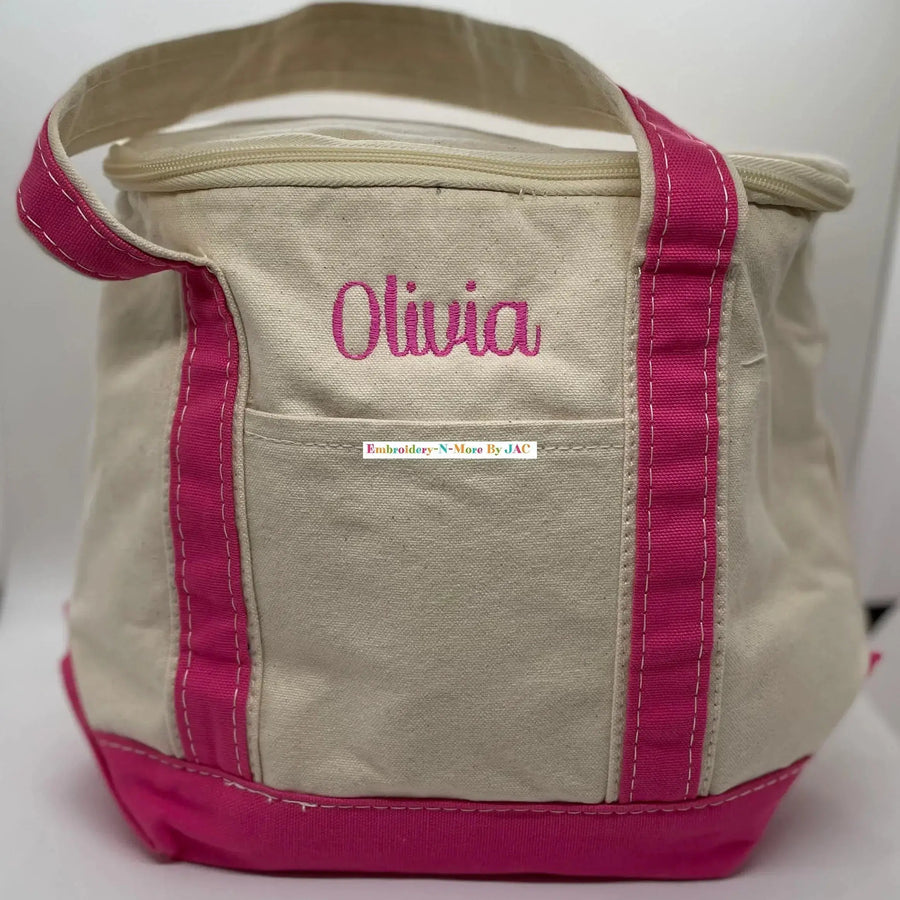 Personalized canvas lunch tote cooler bag with red trim and custom embroidered initials