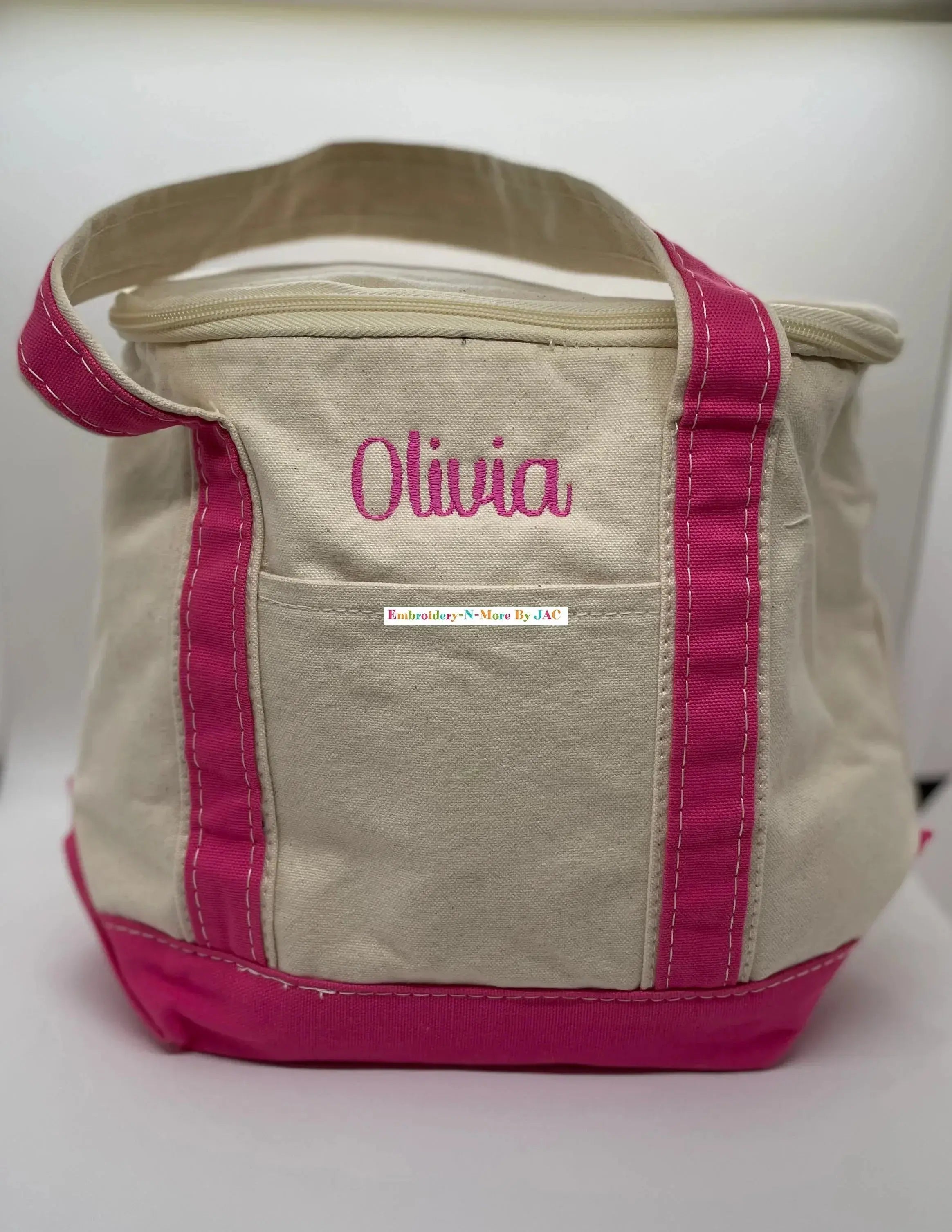 Personalized canvas lunch tote cooler bag with red trim and custom embroidered initials