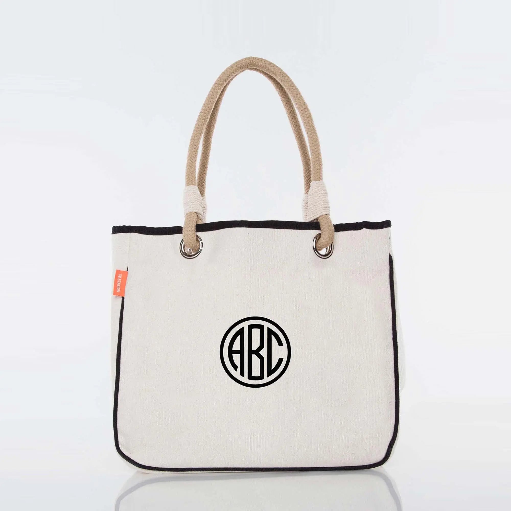 Personalized canvas tote bag with rope handles and monogram ABC embroidery