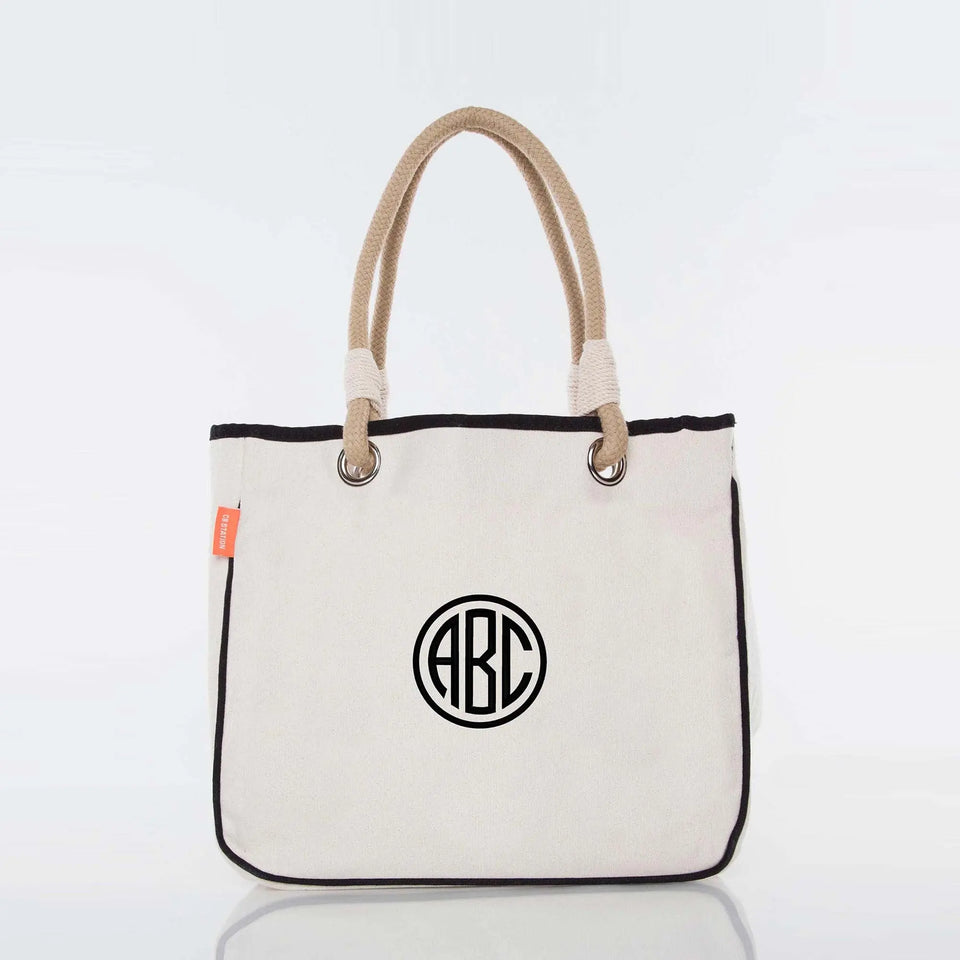 Personalized canvas tote bag with rope handles and monogram ABC embroidery
