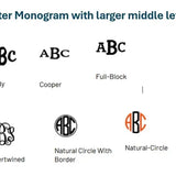 Six styles of 3 letter monogram embroidery designs with larger center letter, including Brody, Cooper, Full-Block, Intertwined, Natural Circle With Border, and Natural-Circle.