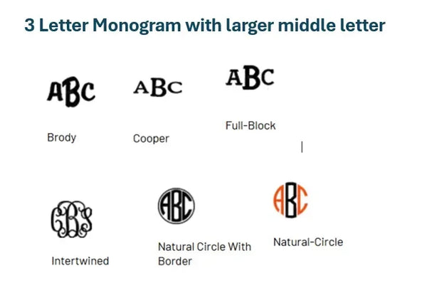Six styles of 3 letter monogram embroidery designs with larger center letter, including Brody, Cooper, Full-Block, Intertwined, Natural Circle With Border, and Natural-Circle.