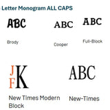 Five 3-letter monogram font options in all caps for custom embroidery, labeled Brody, Cooper, Full-Block, New Times Modern Block, and New-Times.