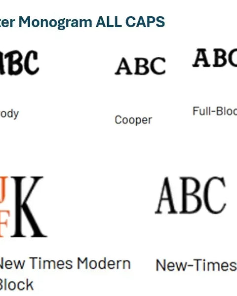 Five 3-letter monogram font options in all caps for custom embroidery, labeled Brody, Cooper, Full-Block, New Times Modern Block, and New-Times.