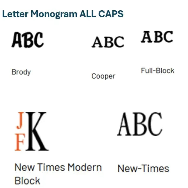 Five 3-letter monogram font options in all caps for custom embroidery, labeled Brody, Cooper, Full-Block, New Times Modern Block, and New-Times.