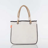 Beige canvas tote bag with rope handles and black trim, shown on a white background