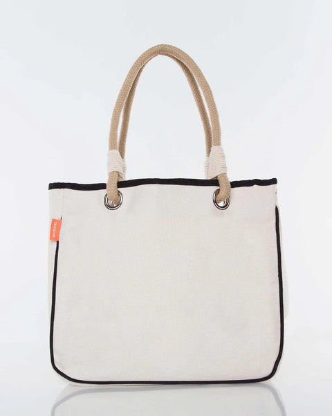 Beige canvas tote bag with rope handles and black trim, shown on a white background