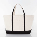 Large canvas tote bag with black handles and base, ideal for custom embroidery gifts