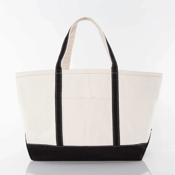 Large canvas tote bag with black handles and base, ideal for custom embroidery gifts