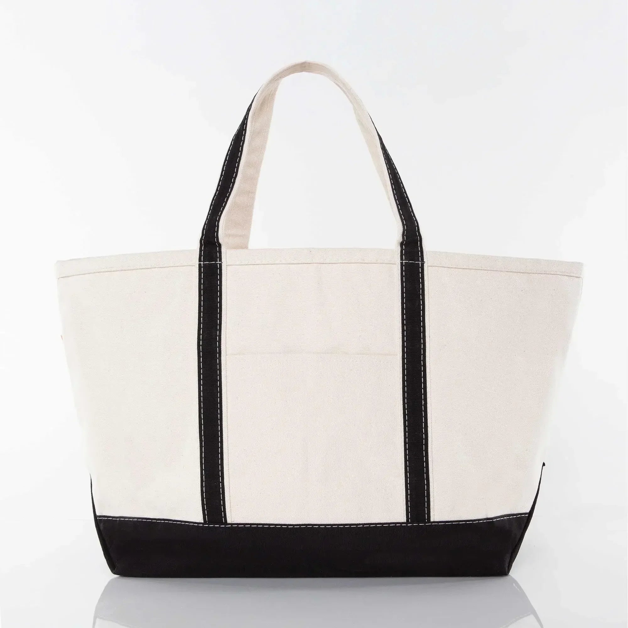 Large canvas tote bag with black handles and base, ideal for custom embroidery gifts
