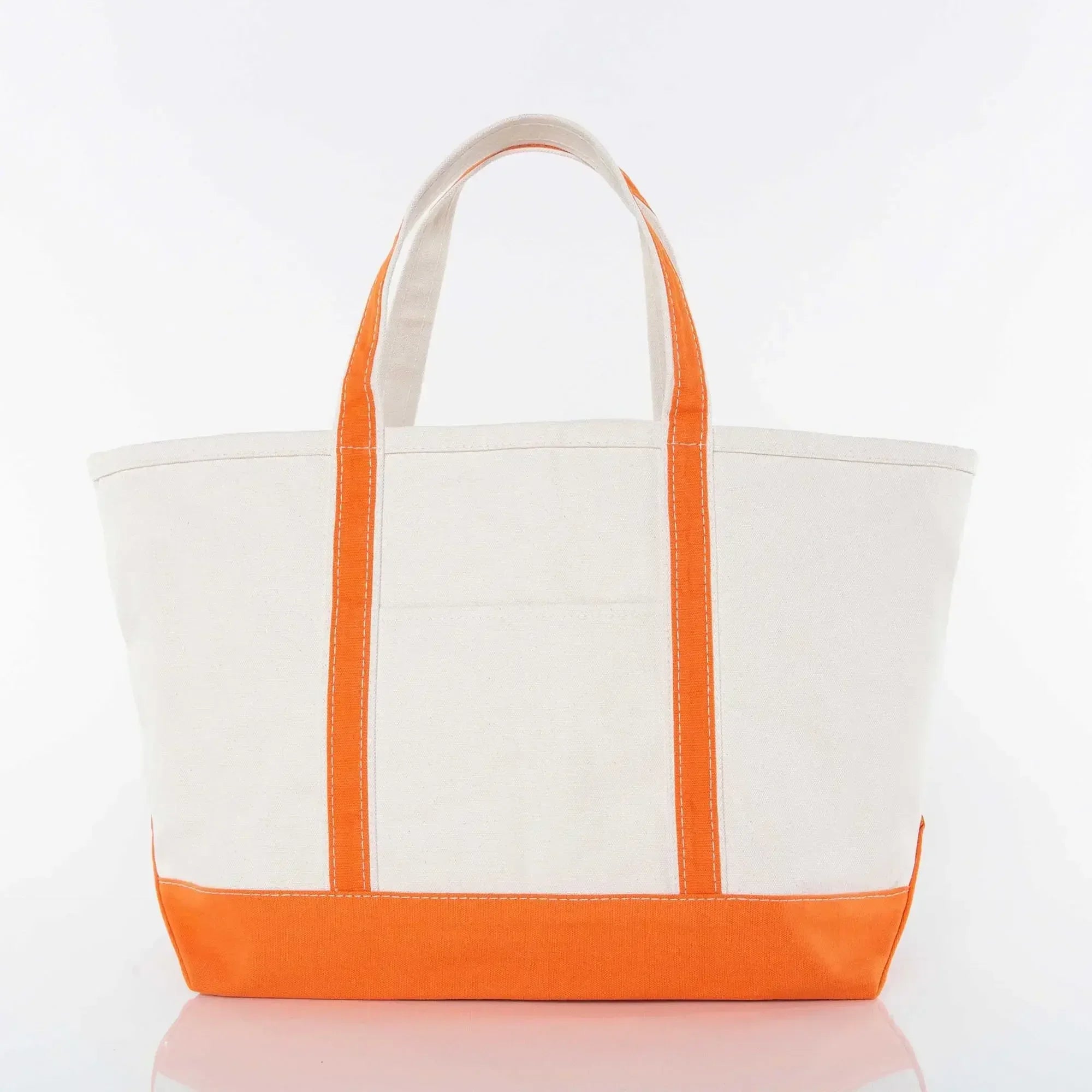 Canvas tote bag with orange handles and trim, plain front, on white background