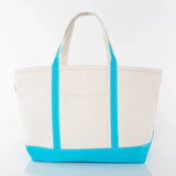 Large canvas tote bag with aqua blue handles and bottom, personalized gift accessory