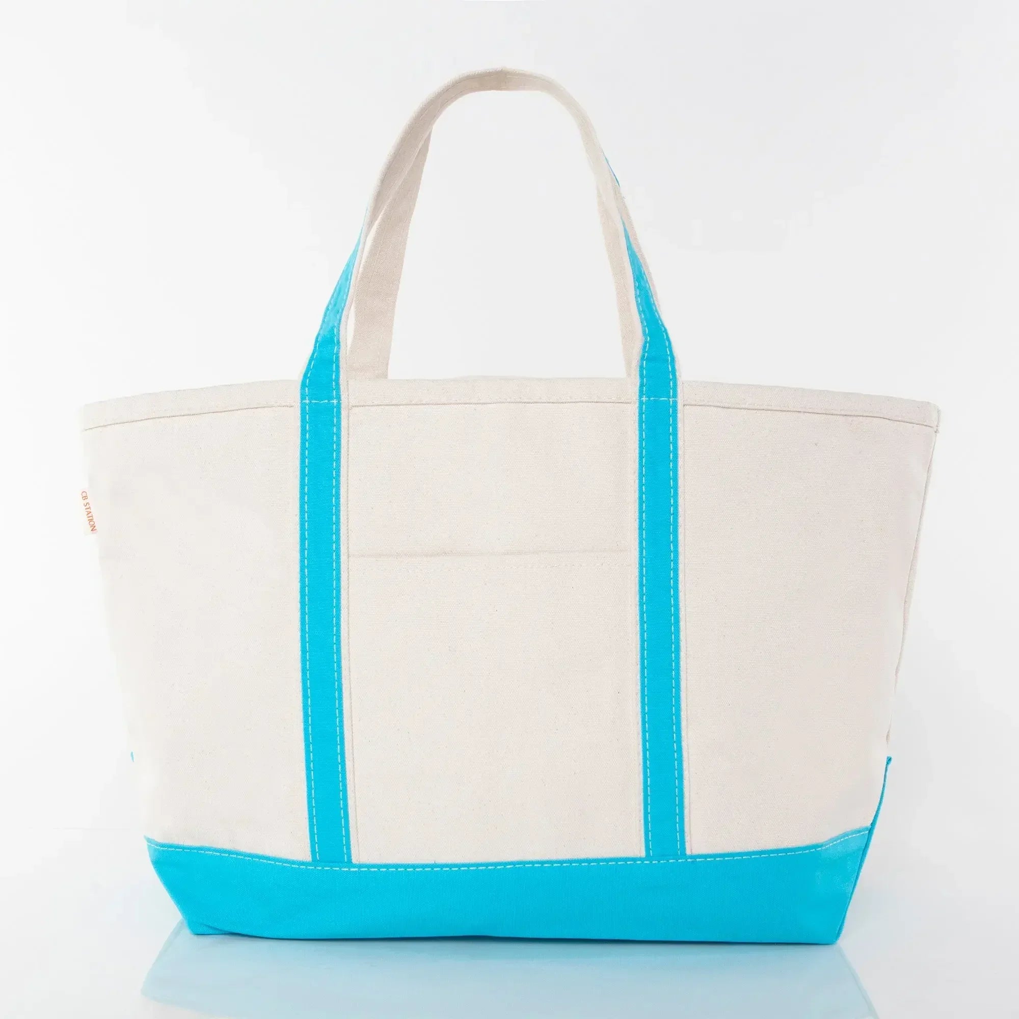 Large canvas tote bag with aqua blue handles and bottom, personalized gift accessory