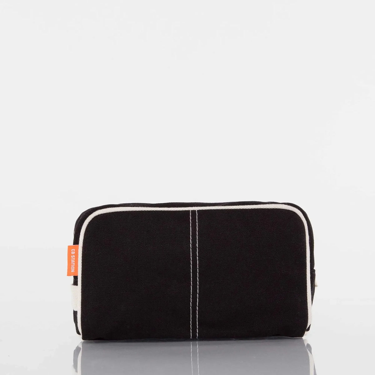 Black canvas zippered pouch with white trim and contrast stitching, displayed on white background