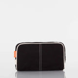 Black canvas zippered pouch with white trim and contrast stitching, displayed on white background