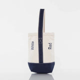 Canvas wine tote with navy bottom and handle, embroidered with 'White' and 'Red' labels