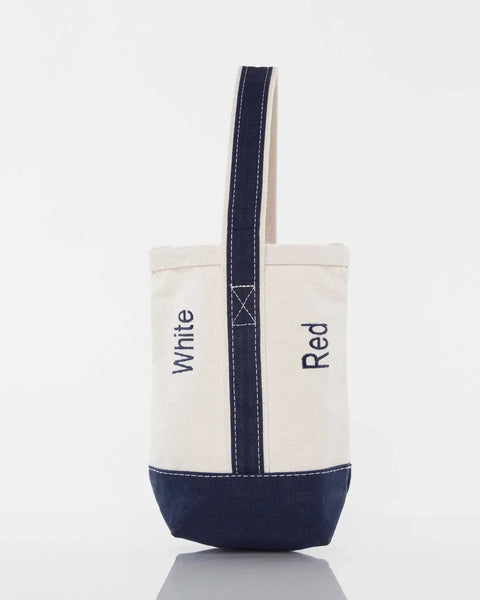 Canvas wine tote with navy bottom and handle, embroidered with 'White' and 'Red' labels
