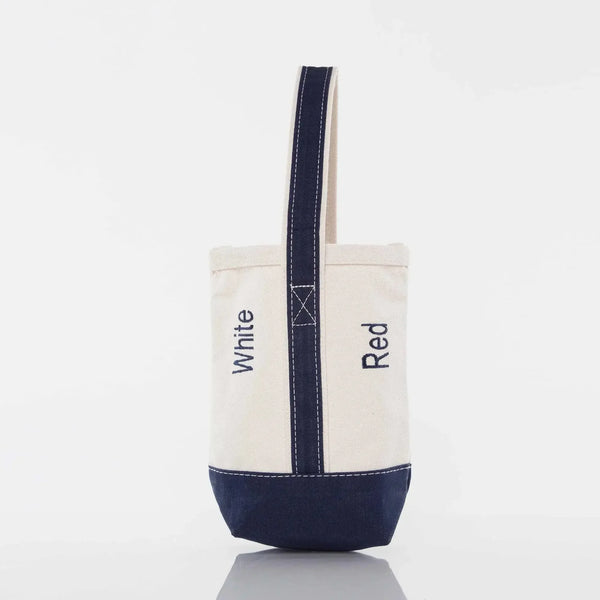 Canvas wine tote with navy bottom and handle, embroidered with 'White' and 'Red' labels
