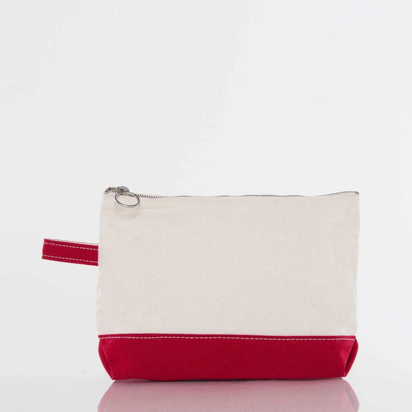 Canvas zipper pouch with red bottom and handle, plain design, custom accessory bag