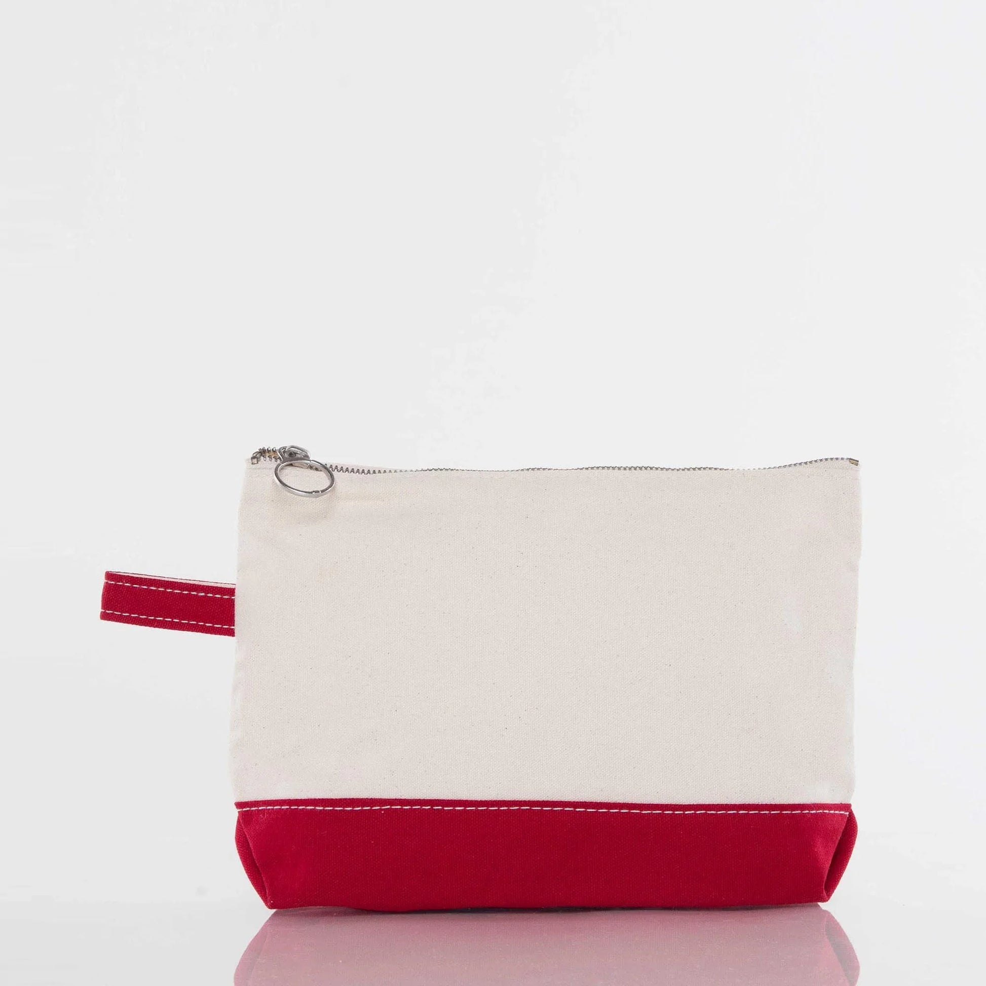 Canvas zipper pouch with red bottom and wrist strap, blank customizable bag