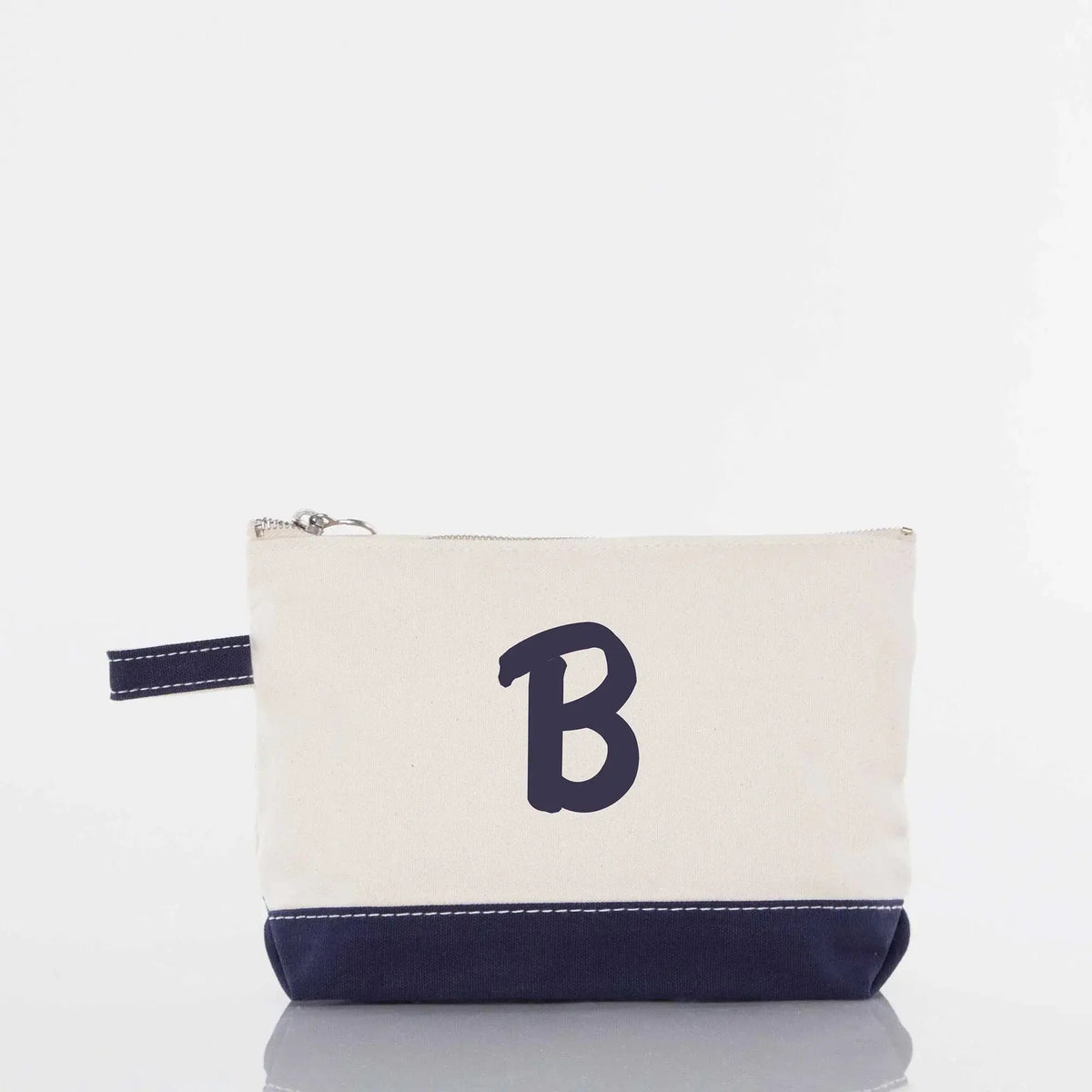 Personalized canvas zip pouch with navy bottom and monogram letter B, custom accessory bag