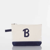 Personalized canvas zip pouch with navy bottom and monogram letter B, custom accessory bag