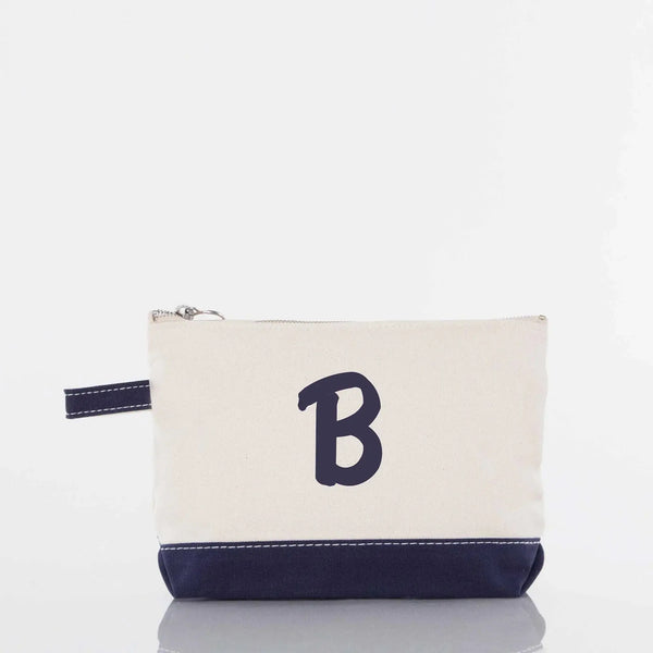 Personalized canvas zip pouch with navy bottom and monogram letter B, custom accessory bag