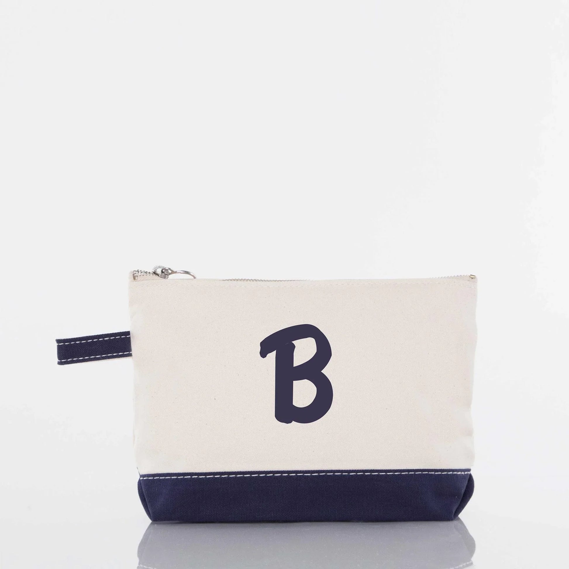 Personalized canvas pouch with navy letter B monogram and navy trim, zippered closure