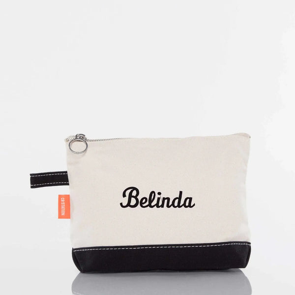 Personalized embroidered cosmetic bag with name Belinda, black and white zipper pouch