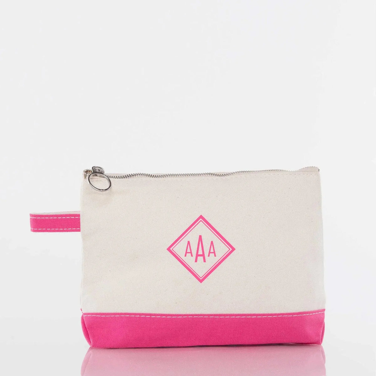 Personalized canvas pouch with pink trim and monogram, zip closure, and wrist strap