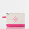 Personalized canvas pouch with pink trim and monogram, zip closure, and wrist strap