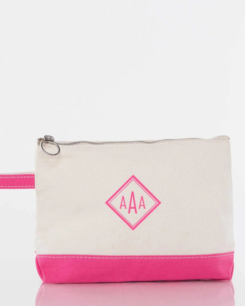 Personalized canvas pouch with pink trim and monogram, zip closure, and wrist strap