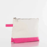 Canvas zipper pouch with pink bottom and wrist strap, blank for personalized embroidery
