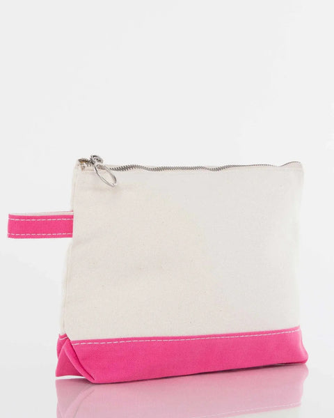 Canvas zipper pouch with pink bottom and wrist strap, blank for personalized embroidery