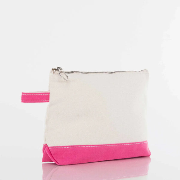 Canvas zipper pouch with pink bottom and wrist strap, blank for personalized embroidery