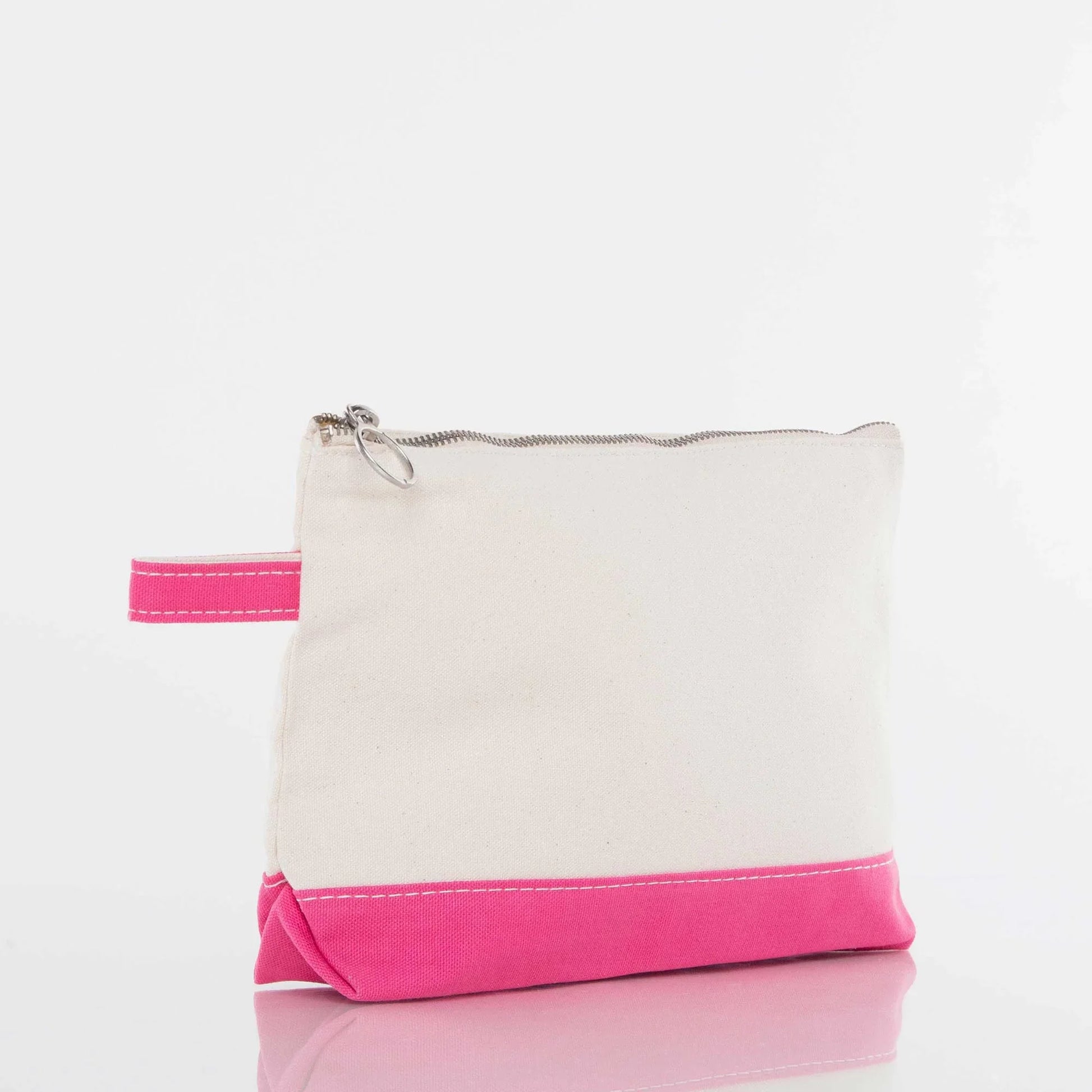 Canvas zipper pouch with pink base and side handle, ideal for custom embroidery
