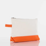 Canvas zipper pouch with orange bottom and handle, minimalist makeup or accessory bag