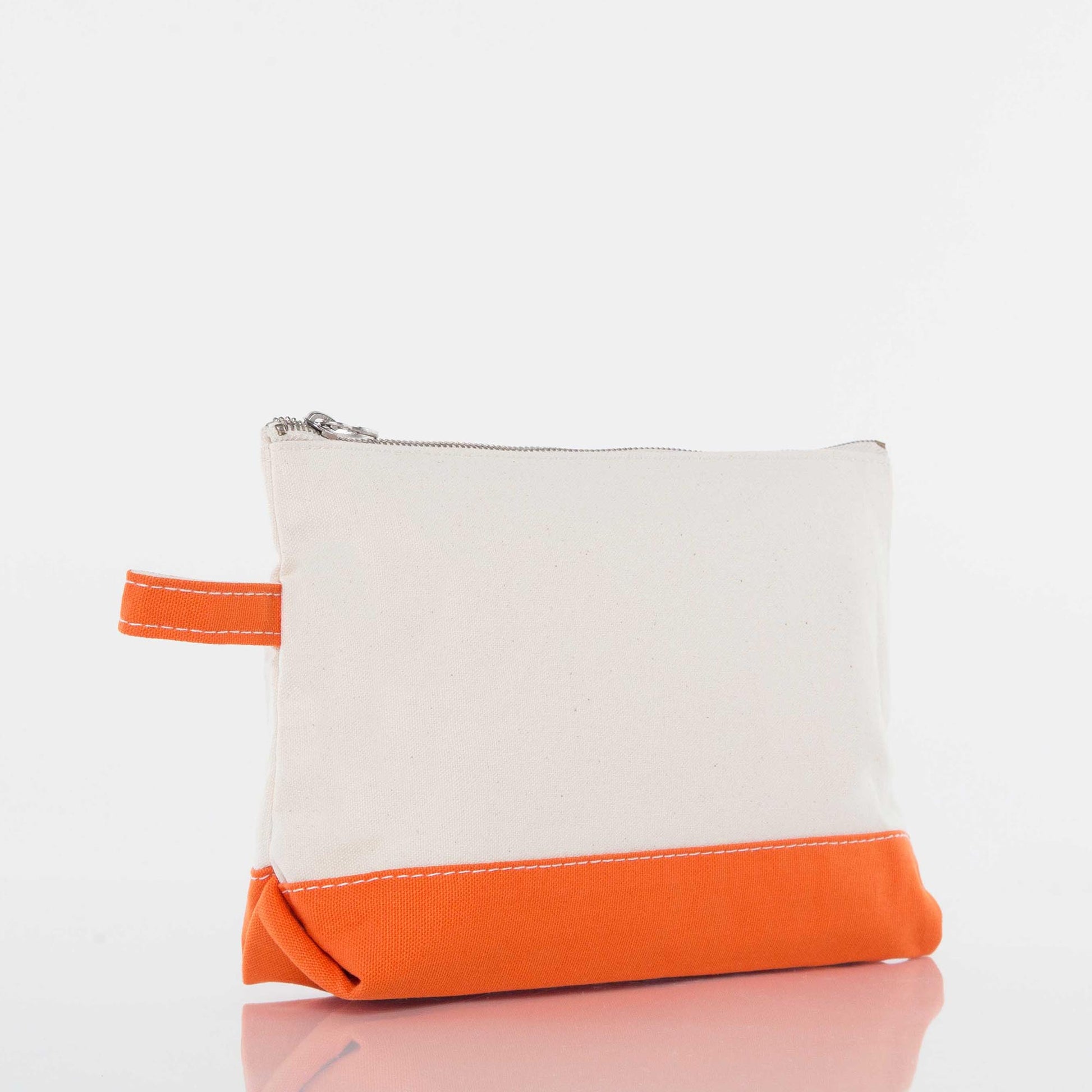 Canvas zippered pouch with orange base and handle, personalized accessory bag.
