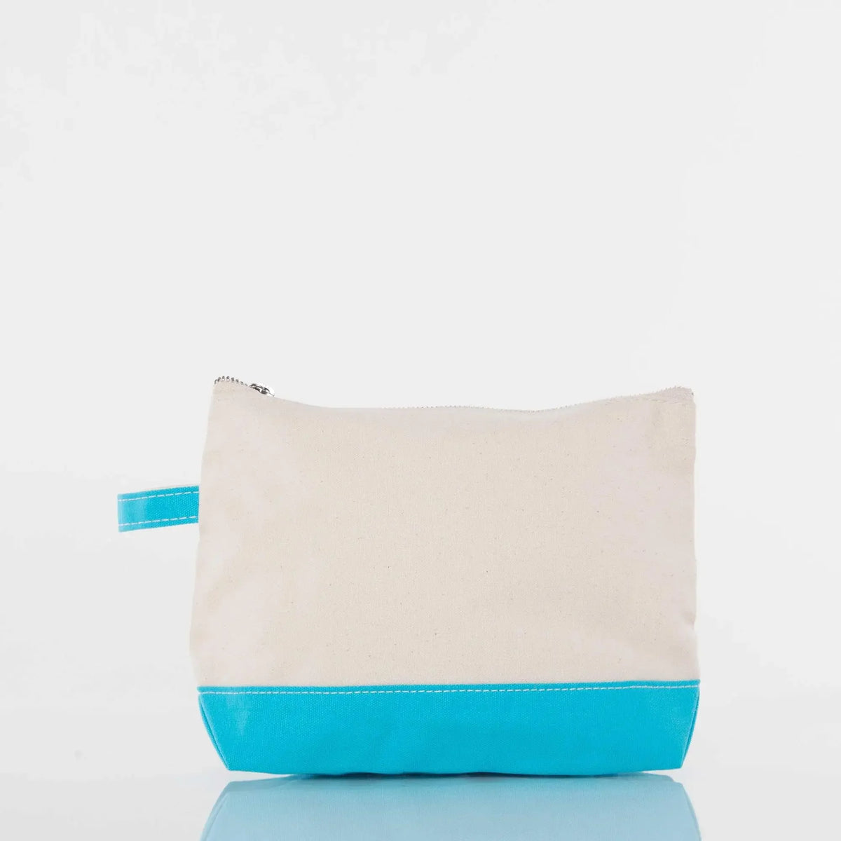 Canvas zipper pouch with beige body, bright blue bottom, and matching blue handle