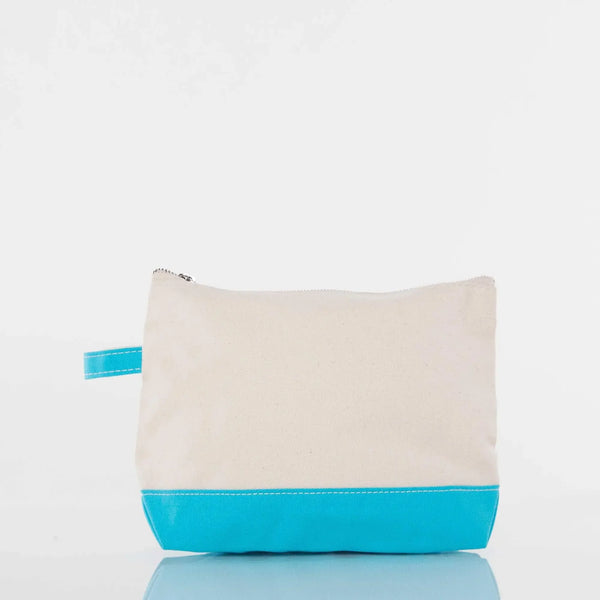 Canvas zipper pouch with beige body, bright blue bottom, and matching blue handle
