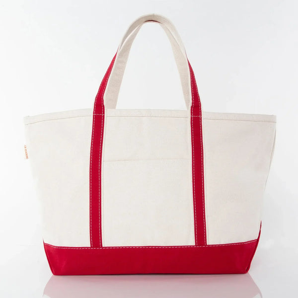Canvas tote bag with red handles and trim, perfect for custom embroidery.