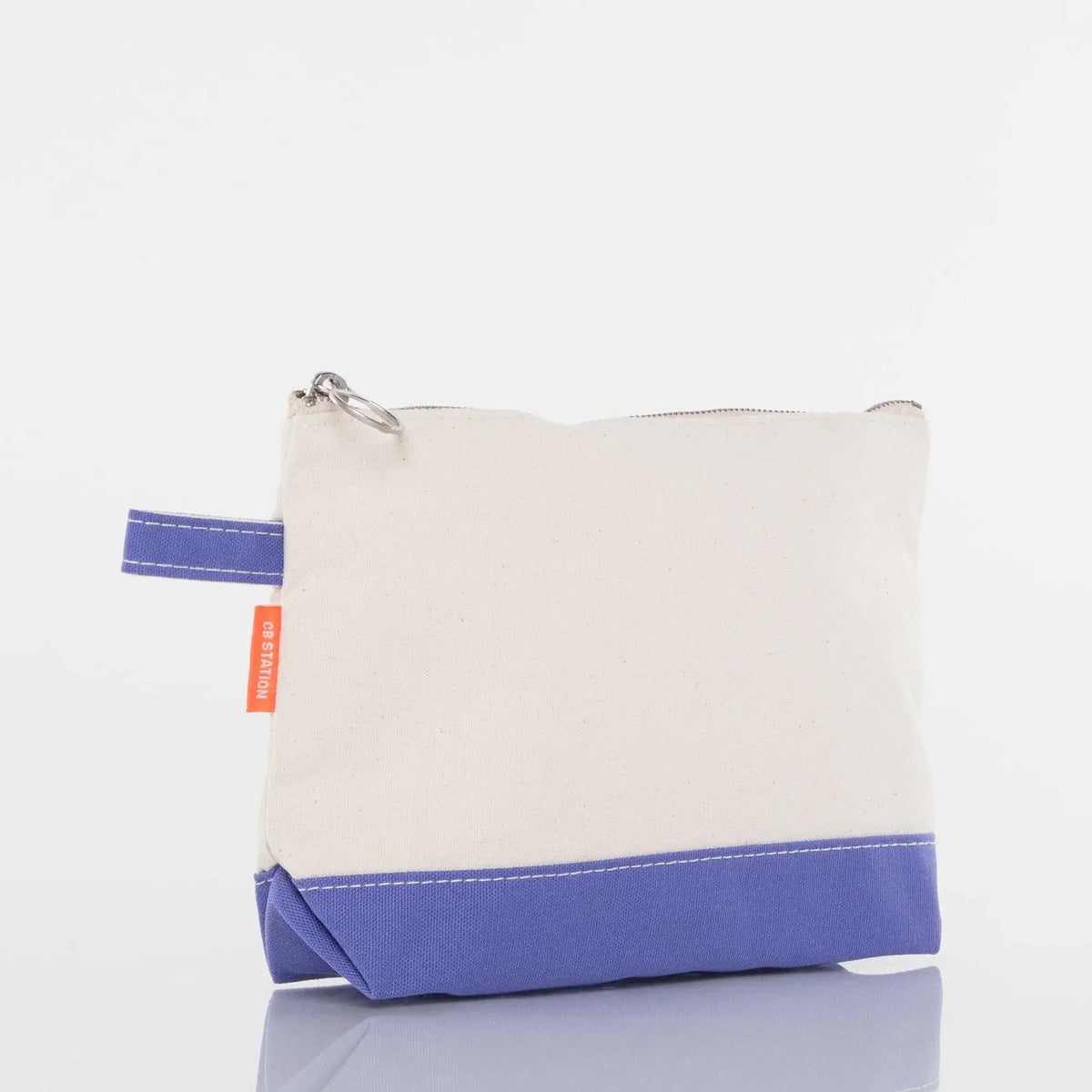 Canvas zipper pouch with purple base and handle, suitable for personalized embroidery gifts.