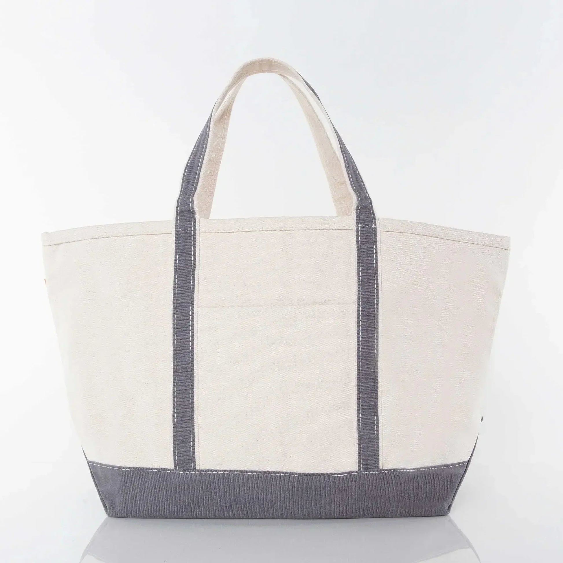 Large canvas tote bag with gray handles and bottom, perfect for custom embroidery gifts