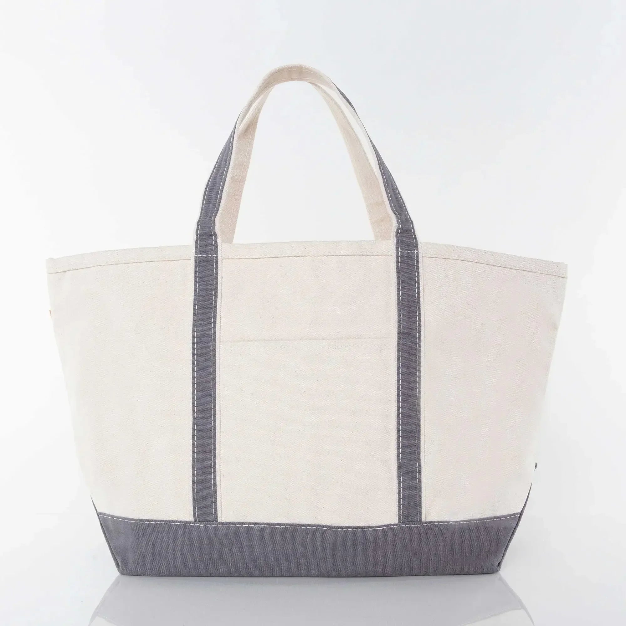 Large canvas tote bag with gray handles and bottom, perfect for custom embroidery gifts