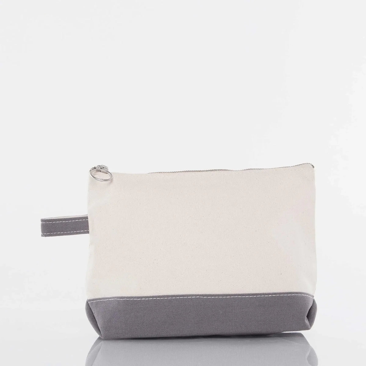 Canvas zippered pouch with gray base and side handle, blank for personalization