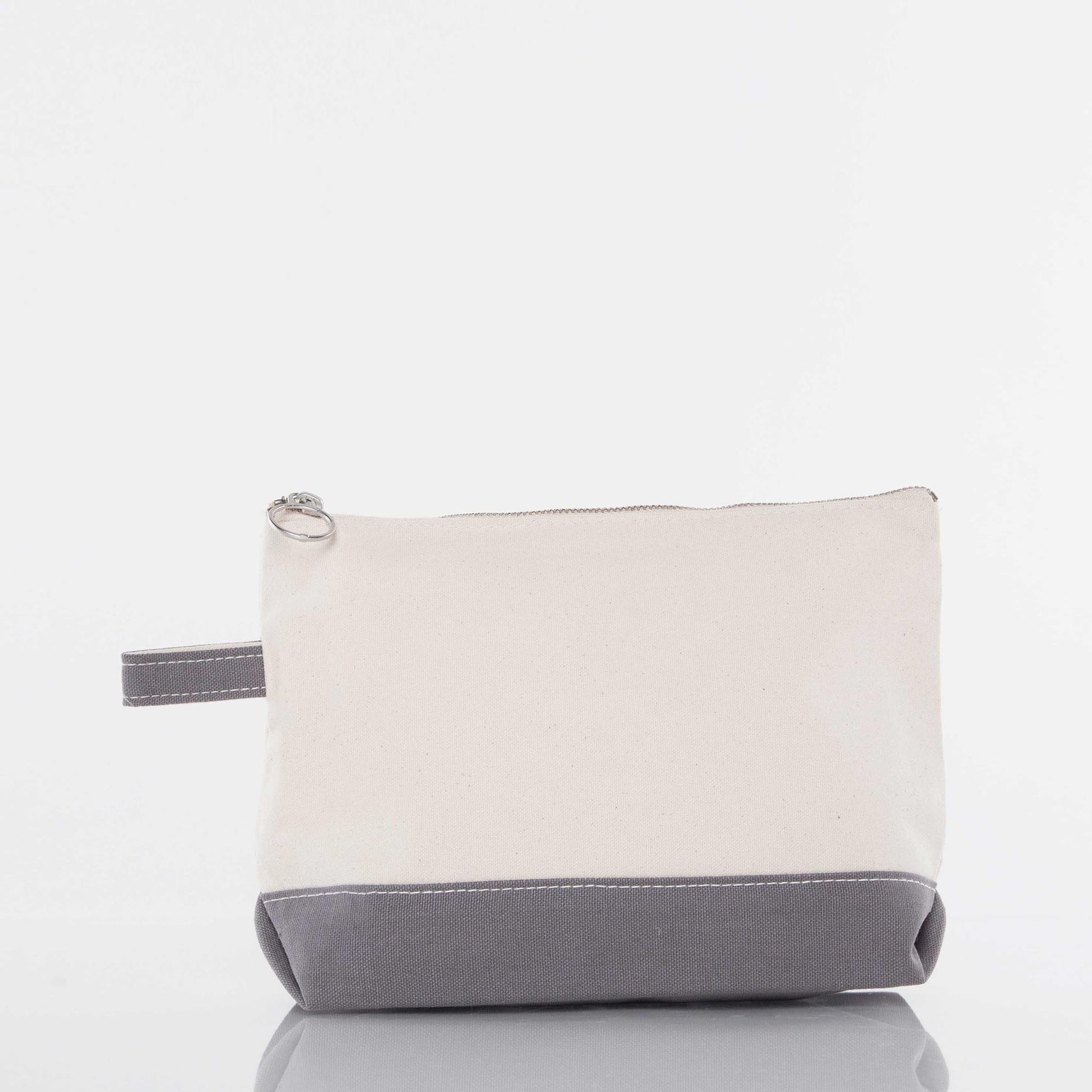 Two-tone canvas zippered pouch with gray base and wrist strap on white background