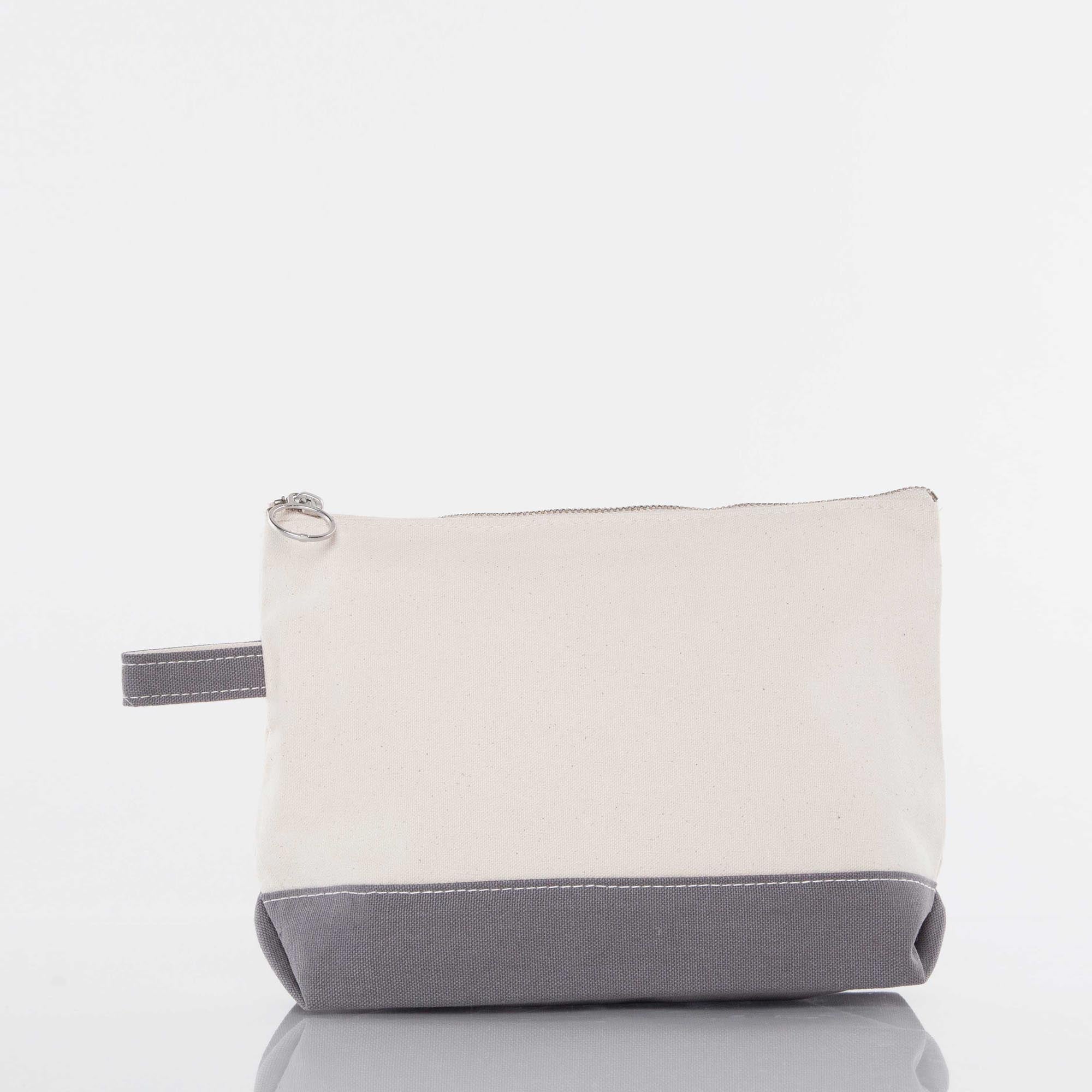 Two-tone canvas zippered pouch with gray base and wrist strap on white background