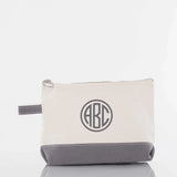 Personalized canvas pouch with monogram initials, zipper closure, and gray bottom trim