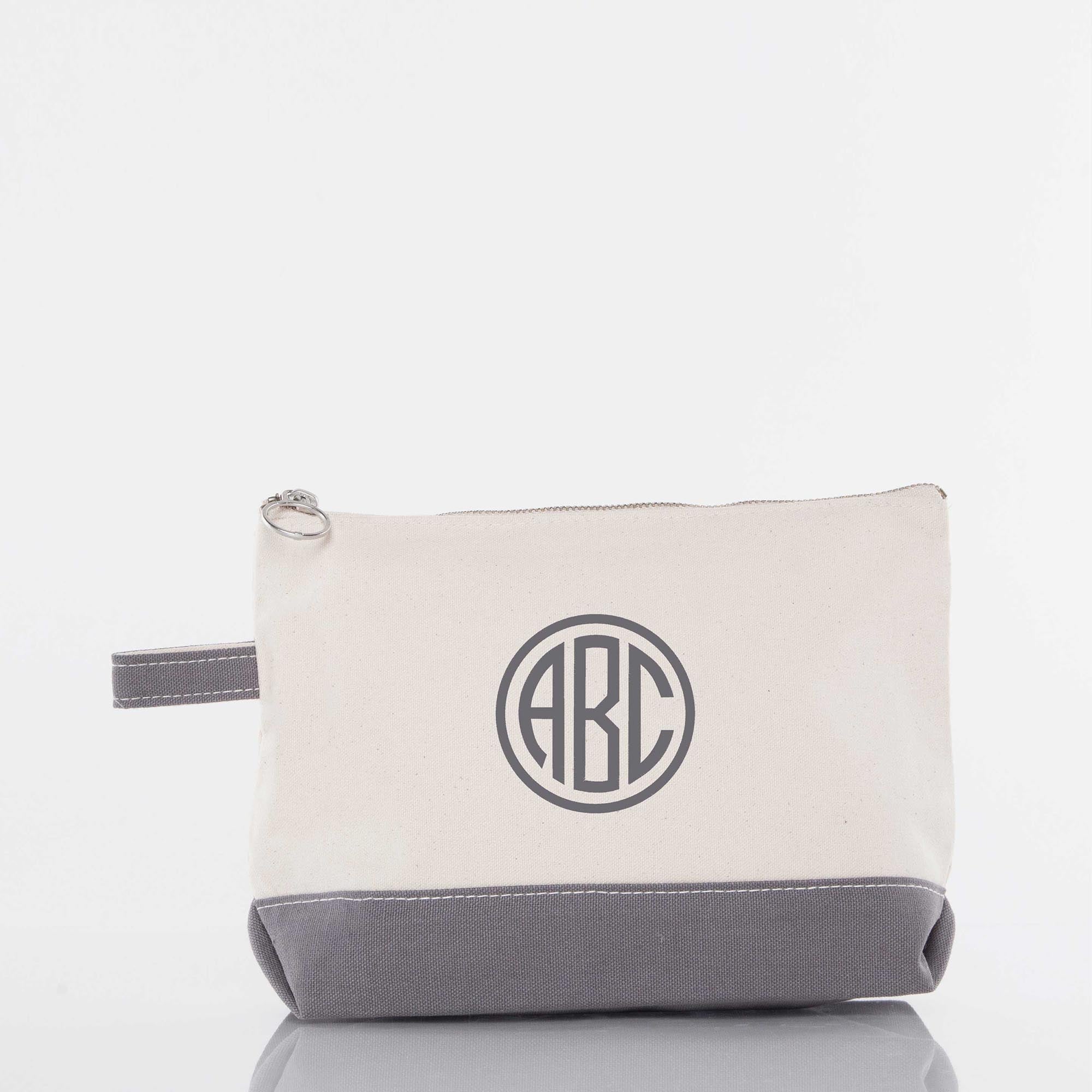 Personalized canvas zip pouch with gray base and monogram initials design