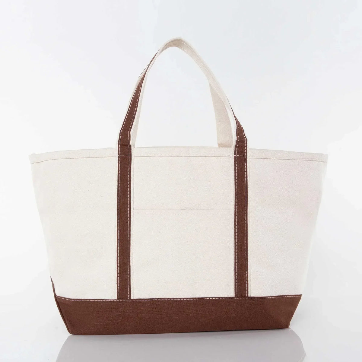 Canvas tote bag with brown trim and handles, reusable shopping or accessory bag